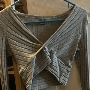 SHEIN Gray Ribbed Wrap Blouse with Long Sleeves